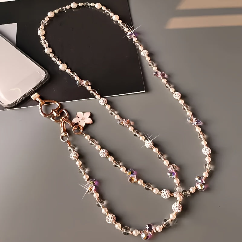 Lanire de tlphone portable en cristal de perle lgante chane de tlphone longue sangle de tlphone portable antiperte pour femmes adapte aux voyages en plein air et  lutilisation quotidienne pendentif de fleur de cerisier