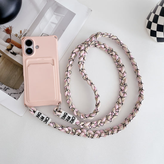 Coque de protection pour iPhone 13pro14pro Max15pro16pro Max16ESE4 avec trou daccrochage aux quatre coins et corde tresse facile  porter en diagonale sur le dos