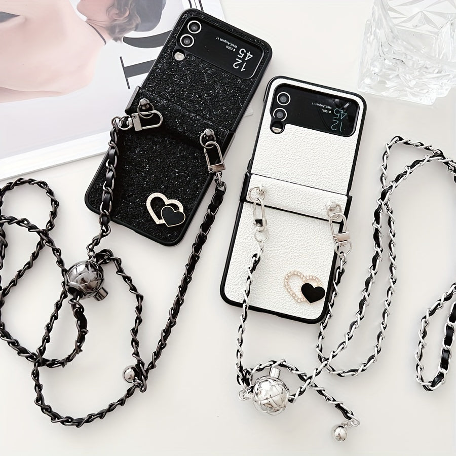 Coque de Tlphone avec Chane  Main Noir et Blanc pour Samsung Galaxy Z Flip 6 5G Coque Rigide Antichoc quipe dune Longue Bandoulire Diagonale pour Samsung GalaxyZ Flip 5 4 3