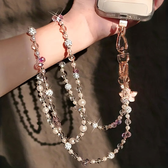 Lanire de Tlphone lgante et Tendance avec Perles  Longue Sangle de Cou pour Femmes Chane Perte Mignonne Chane de Sac Design de Collier de Perles Portage mains libresTexture LisseFemmes lgantesAmoureux de la Mode