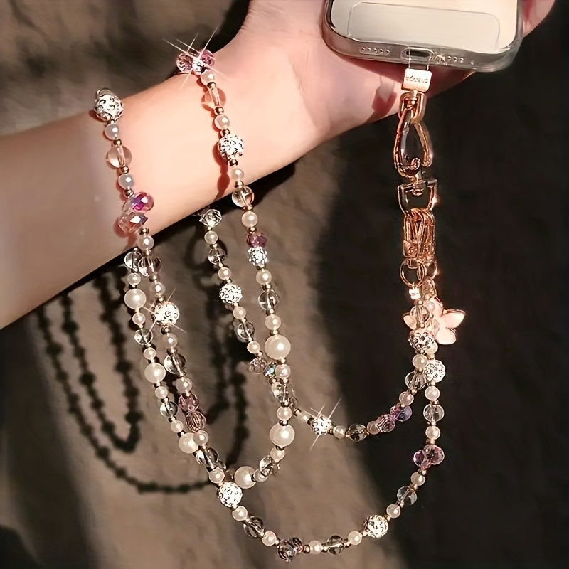 Lanire de Tlphone lgante et Tendance avec Perles  Longue Sangle de Cou pour Femmes Chane Perte Mignonne Chane de Sac Design de Collier de Perles Portage mains libresTexture LisseFemmes lgantesAmoureux de la Mode