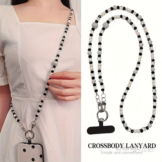Lanire de Tlphone lgante pour Femmes Orne dStrass avec Portetui Perdite  Collier Long Rglable  Sangle Bandoulires Design Perles NoirBlancs Accessoire Multifonctionnel Durables Pour Smartphones Tablettes Cls Voyage Travail Usages Quotidie